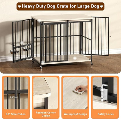 Dog Crate Furniture, 42’’ Wooden Dog Kennel Indoor with Sliding Front Door, Multi-Side Openings & Feeding Window Pet Cage House as TV Stand, End Table(Beige)