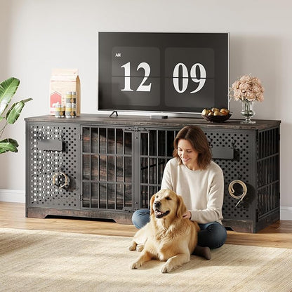 HOOBRO 71" Dog Crate Furniture for 2 Large Dogs, Heavy Duty Indoor Kennel with Removable Divider & Name Tags, TV Stand Cage Furniture for Medium & Large Dogs, Charcoal Gray & Black BC84GW03