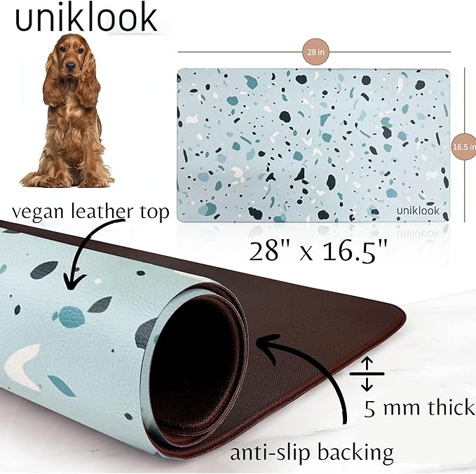 Large Pet Placemat Food & Water, Dog Cat Food Mat for Pet Bowls 28" X 16.5" Waterproof Easy to Clean Dog Mat for Bowl Food Water Terrazzo Blue Uniklook