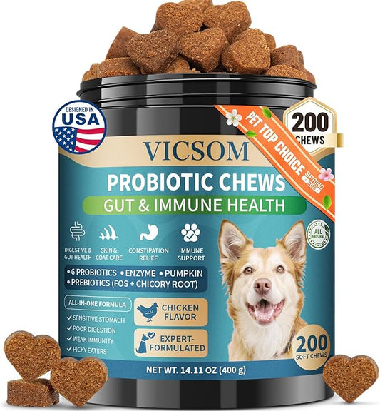 Dog Probiotics for Dogs, 200 Soft Probiotics Chews for Dogs Digestive Health Gut Health & Immune System, with 6 Probiotics & Digestive Enzymes, Support Itchy Skin, Constipation & Diarrhea Relief