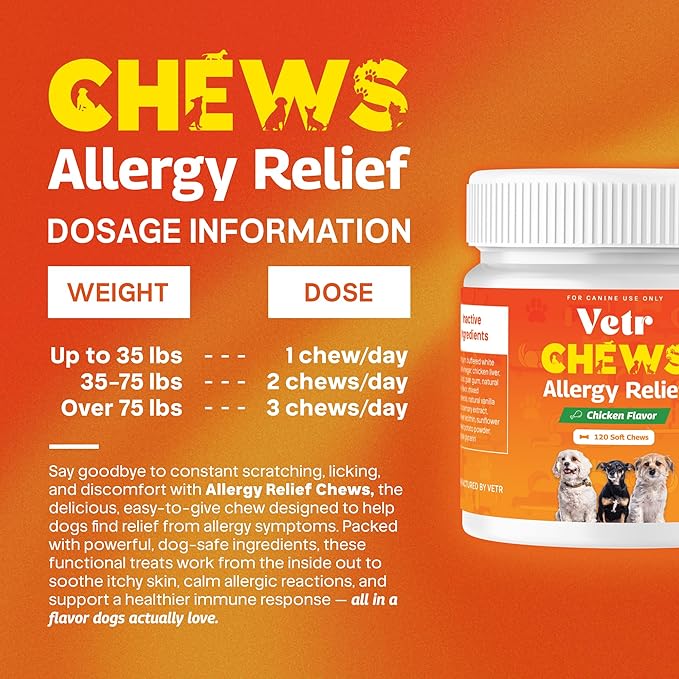 Vetr Allergy Relief Chews for Dogs - Dog Itching Skin Relief, Dog Allergy Treats with Probiotics and Omega-3 - Chicken Flavored 120 Count - Vet-Formulated in USA
