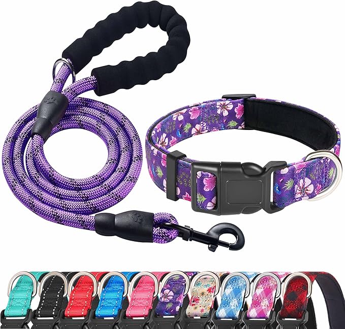 Ladoogo Reflective Dog Collar Padded with Soft Neoprene Breathable Adjustable Nylon Dog Collars for Small Medium Large Dogs (Small (Pack of 1), Purple/Pink Floral Collar+Leash)