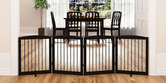PUPETPO Freestanding Pet Gate for Dogs, Foldable Wooden Dog Gate for House, Indoor Dog Gate for Stair, Doorway, Gates for Dogs Indoor, 80 Inch Wide, 4 Panels 24",Brown
