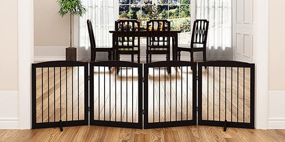 PUPETPO Freestanding Pet Gate for Dogs, Foldable Wooden Dog Gate for House, Indoor Dog Gate for Stair, Doorway, Gates for Dogs Indoor, 80 Inch Wide, 4 Panels 24",Brown