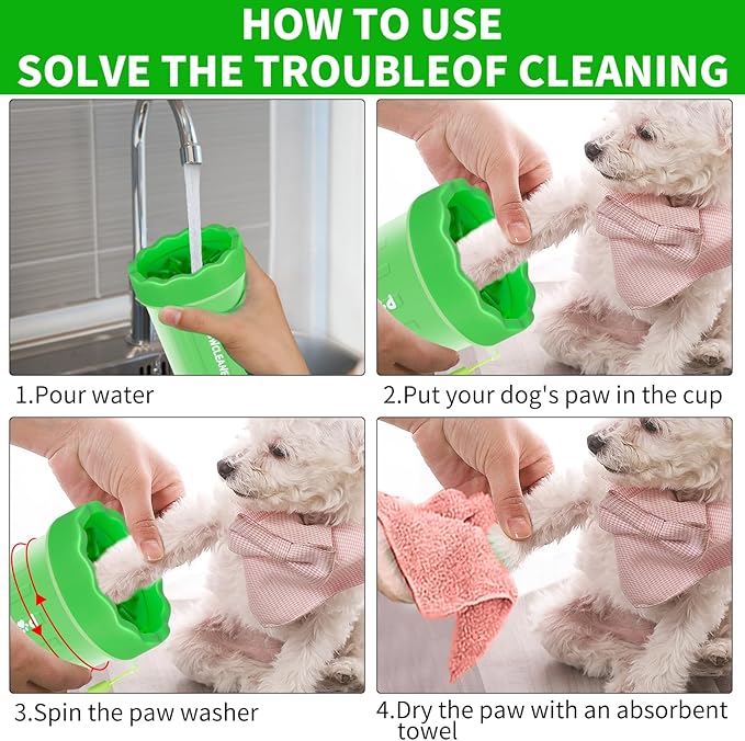 Professional 7 in 1 Dog Paw Cleaner for Dogs & Cats - Includes 1 Portable Paw Washer, 1 Bath Brush, 2 Dog Toothbrushes and 3 Absorbent Towels Note: Fits Paws up to 2 Inches Wide (Small, Green)