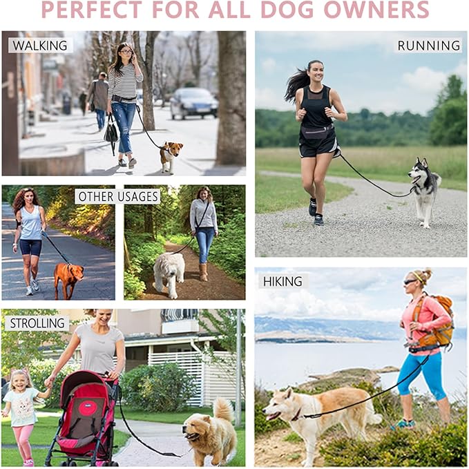 LANNEY Hands Free Dog Leash, Waist Running Leash with Zipper, Walking Pouch for Medium Large Dogs, Dual Handle and Retractable Bungee for Training Jogging Hiking(25-120 lbs, Pink)
