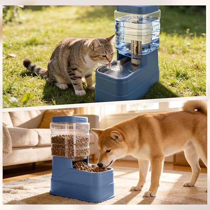 2 Pack Automatic Cat Feeder and Water Dispenser 1.3Gallon Dog Gravity Food Feeder and Water with Ice Pack Stainless Steel Dry Food and Waterer Bowl for Small Medium Large Pets (Blue)