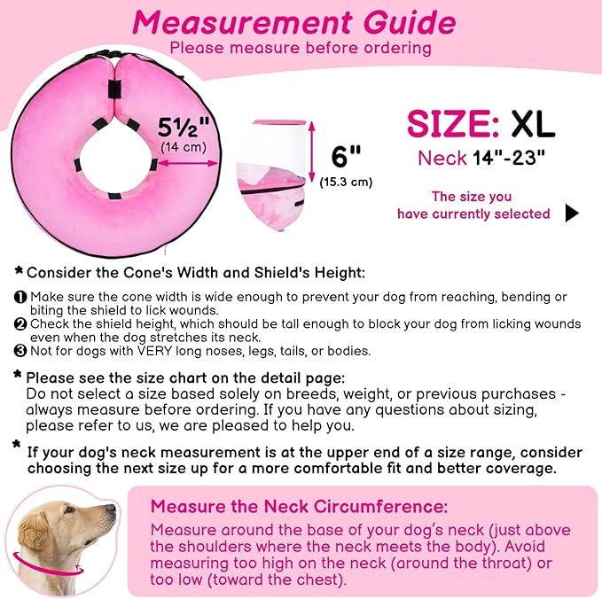 BARKLESS Inflatable Dog Cone, Protective Dog Surgery Collar to Stop Licking Biting Wounds, Patented Soft Donut Cone with Clear Shield, Adjustable Blow-up Collar for Surgery (Pink, XL (Neck: 18"-23"))