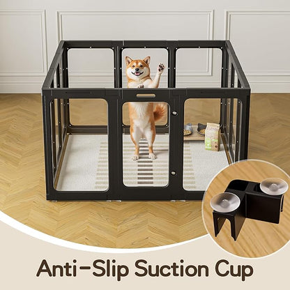 Jalove Clear Acrylic Dog Playpen Indoor, 12 PCS Plastic Puppy Playpen with Door, Cat Rabbit Ferret Pet Play Pen, Easy Assemble Dog Fence Crate Kennel Whelping Cage Enclosure for Small Dogs, Black