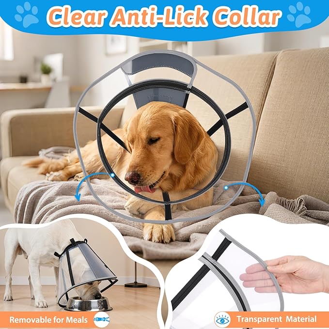Extended Dog Cone to Stop Licking, Adjustable Depth, Transparent Recovery Collar for Large Medium Dogs, Soft E-Collar After Surgery Neuter with Reflective Strip for Night Visibility XL