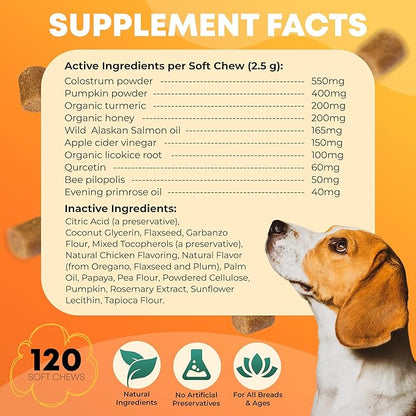 Dog Allergy Relief - 120 Count - Dog Allergy Chews Dog Itching Skin Relief for Seasonal Allergies - 10-in-1 Soft Dog Anti Itch Relief for Dogs Probiotics for Skin & Coat Supplement - Chicken Flavor