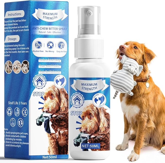 No Chew Spray for Dogs, Bitter Apple Spray for Dogs to Stop Chewing,50ML Natural&Safe Anti Chew Deterrent Spray, Alcohol-Free Effective Indoor/Outdoor Use, Protect Furniture Shoes&Household (Blue)