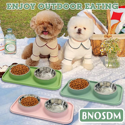 BNOSDM 2 Pcs Double Dog Food Bowls, Stainless Steel Small Dog Food and Water Bowls with Non-Spill Plastic Mat, Pet Cat Feeder Dish Set for Puppy Cats Kitten, Green