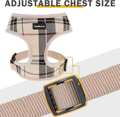 SCENEREAL Puppy Dog Harness with Leash Set for Small Medium Sized Dogs, Soft Mesh Pet Harnesses and Leash, No Chock Plaid No Pull Vest for Dogs Cats, Chihuahua,Bulldog (Beige S)