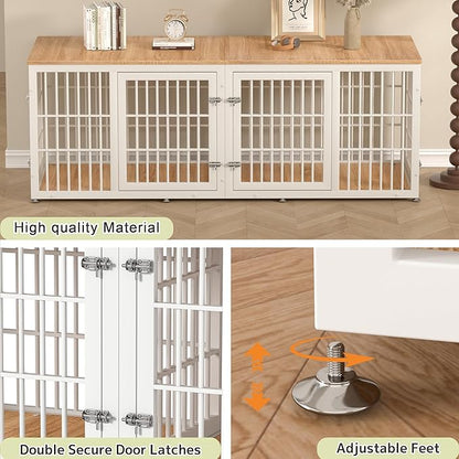 rehomerance 78 Inch Double Dog Crate Furniture, Heavy Duty Extra Large Cage Furniture with Divider for 2 Dogs, Decorative Wooden Kennel Indoor, Pet House for Large and Medium Dogs, White