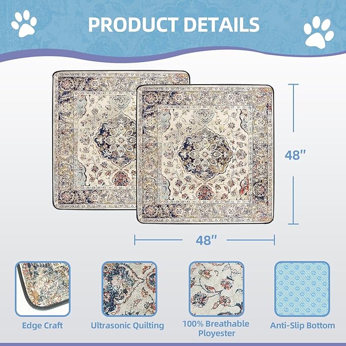 SCLOSE Washable Pee Pads for Dogs Large 2 Pack, 48" x 48" Reusable Puppy Pads Waterproof Dog Rugs, Super Absorbent, Leakproof, Dog Crate Pad, Playpen Mat, Whelping Pads, Vintage Medallion