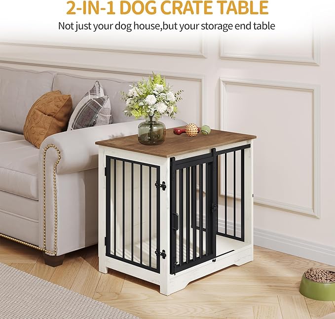Hzuaneri 27.2" Dog Crate Furniture with Barn Door, Heavy Duty Dog Kennel Indoor with 2 Doors, Wooden Pet Cage End Table for Small Medium Dogs up to 22 lb, Anti-Chew Anti-Escape, White Brown DFC84314B