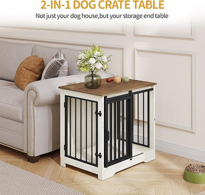 Hzuaneri 27.2" Dog Crate Furniture with Barn Door, Heavy Duty Dog Kennel Indoor with 2 Doors, Wooden Pet Cage End Table for Small Medium Dogs up to 22 lb, Anti-Chew Anti-Escape, White Brown DFC84314B