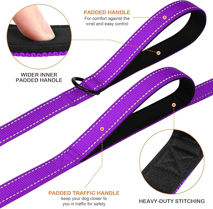 Joytale Dog Leash Heavy Duty for Large Dogs that Pull, Double Handle for Traffic Control, Double-Sided Reflective Leashes for Large Medium Dogs Night Safety, 5FT, Purple