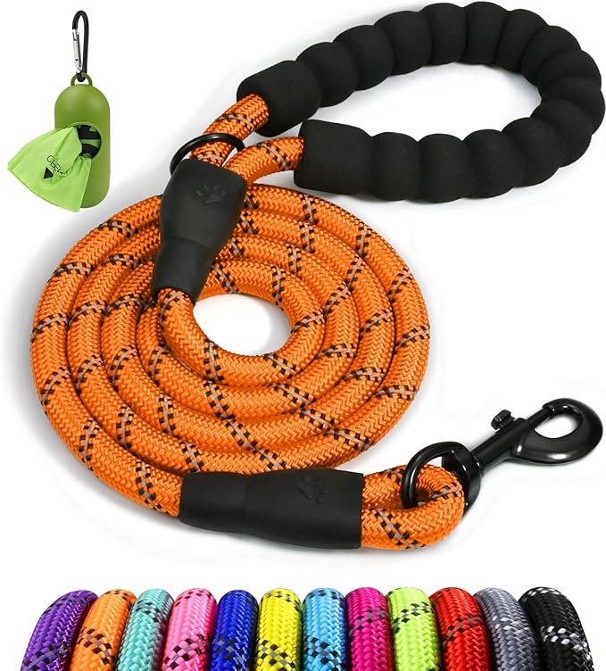 Taglory Rope Dog Leash 4 FT with Comfortable Padded Handle, Highly Reflective Threads Leash and Anti-Tangle Clip for Walking Medium Large Dogs, 1/2 inch, Orange