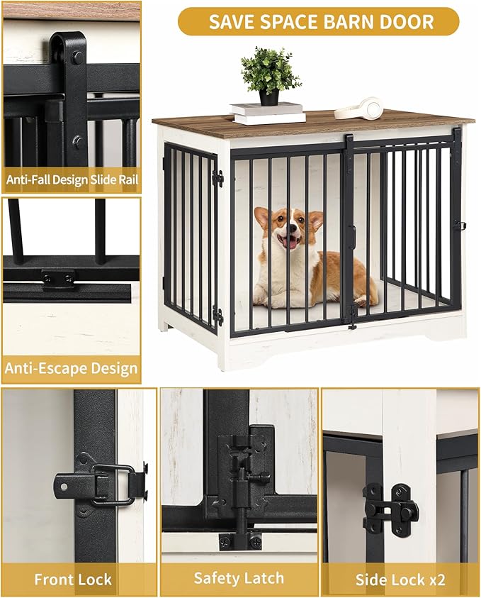 Hzuaneri 31.9" Dog Crate Furniture with Barn Door, Heavy Duty Dog Kennel Indoor with 2 Doors, Wooden Pet Cage End Table for Small Medium Dogs up to 44 lb, Anti-Chew Anti-Escape, White Brown DFC83614B