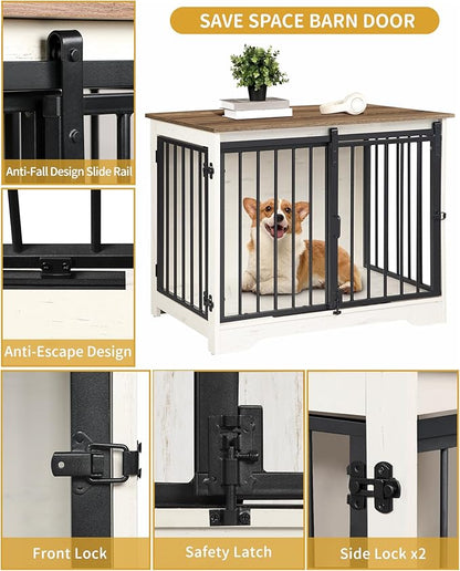 Hzuaneri 31.9" Dog Crate Furniture with Barn Door, Heavy Duty Dog Kennel Indoor with 2 Doors, Wooden Pet Cage End Table for Small Medium Dogs up to 44 lb, Anti-Chew Anti-Escape, White Brown DFC83614B