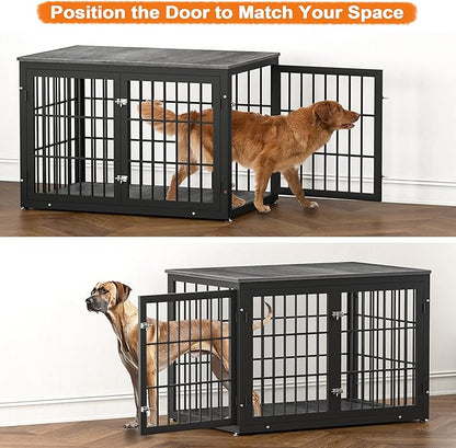 rehomerance 48 Inch Heavy Duty Dog Crate Furniture for Large Dogs, Decorative Pet House End Table, Extra Large Wooden Cage Kennel Furniture Indoor, Black and Gray