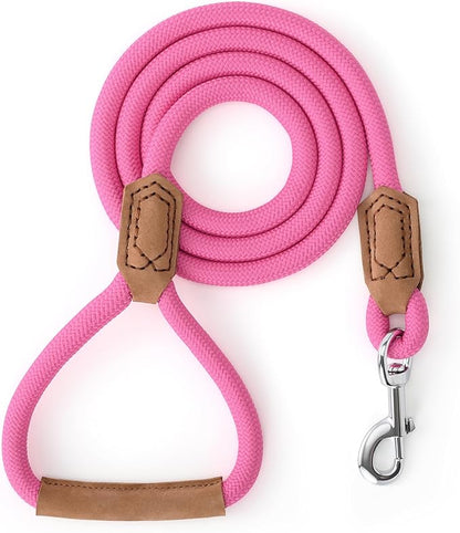 Mile High Life Leather Dog Leash, Heavy Duty Strong Genuine Leather Handle Rope Leash Soft and Comfortable for Small Medium Large Dogs (Hot Pink, 48 Inch)