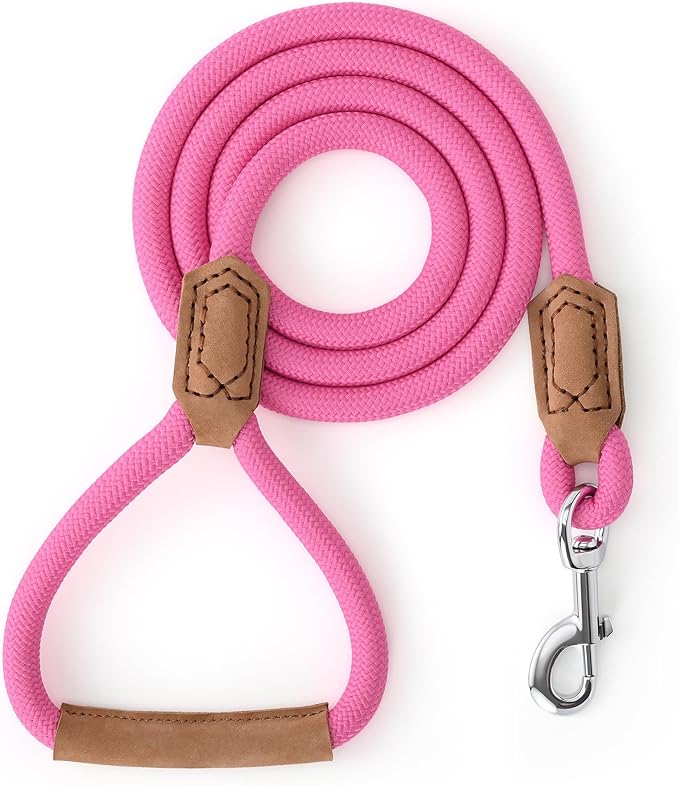 Mile High Life Leather Dog Leash, Heavy Duty Strong Genuine Leather Handle Rope Leash Soft and Comfortable for Small Medium Large Dogs (Hot Pink, 60 Inch)