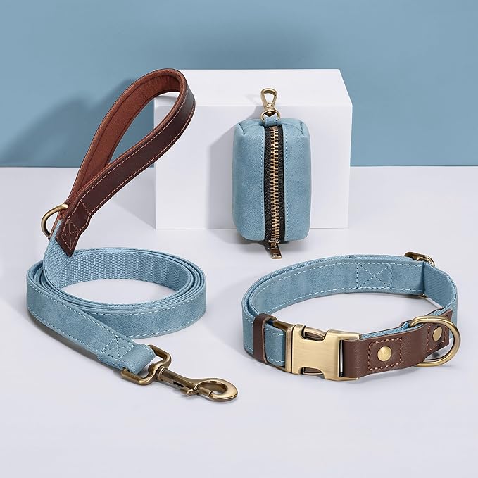 Didog Soft PU Leather Dog Collars for Small Dogs,Classic Adjustable Dog Collars with Quick Release Metal Buckle,Easy Clean and Comfortable with Nylon Lining,Denim Blue,S Neck 11-15"