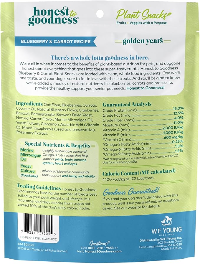 Honest to Goodness Plant Snacks Golden Years Senior Support Dog Treats, Blueberry & Carrot Recipe, 8oz