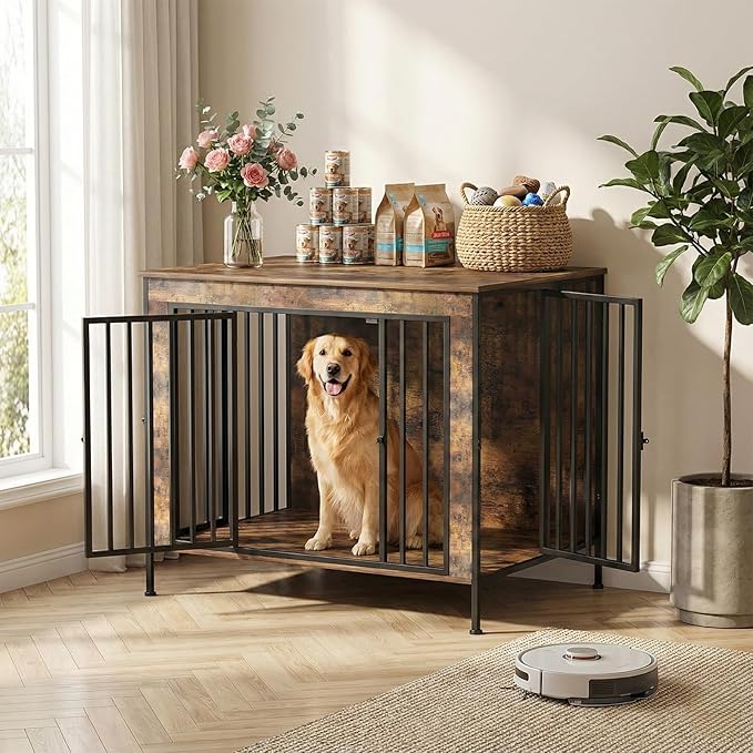 Dog Crate Furniture Heavy Duty for Large Dog, Sturdy Indoor Kennel Table with Dual Doors, Elevated Robot Vacuum Friendly Base, Decorative Cage TV Stand & End Table, Rustic Brown