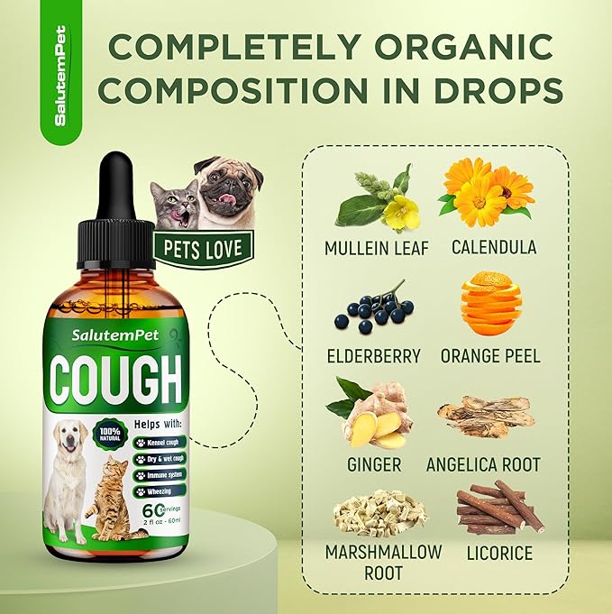 Kennel Cough Medicine for Dogs & Cats – Kennel Cough Treatment Helps with Allergies & Sneezing – Herbal Supplement with Mullein Leaf, Angelica Root, Calendula Breeds – 2 Oz