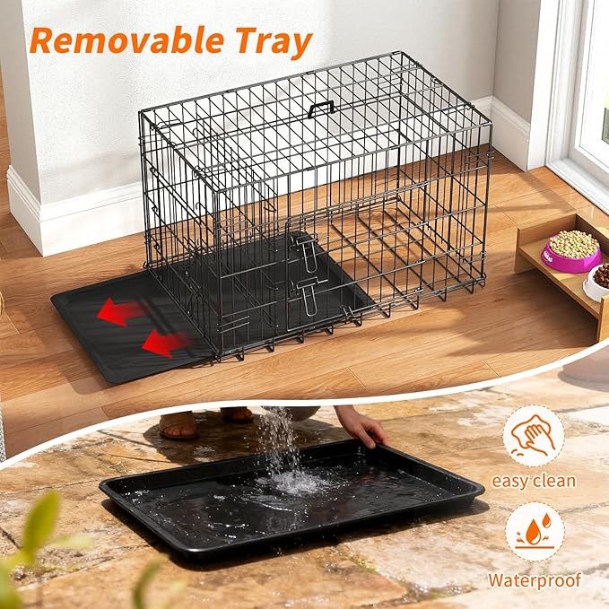 FDW Dog Crate 30-Inch Dog Cage Single Door Foldable Metal Kennel with Leakproof Tray Foldable Design Indoor Outdoor Use for Small and Medium Dogs,Dark Black