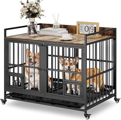 YITAHOME 37.5'' Heavy Duty Dog Crate with Removable Divider, Double Doors & Locks Design, Furniture Style Large Dog Crate with 360° Rotatable Dog Bowls & 360° Wheels & 2 Trays for Small Dog