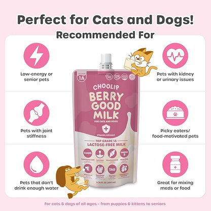 Choolip Berry Good Milk for Cats & Dogs – 10-Pack Lactose-Free Pet Milk, 200ml Pouches – Vet-Formulated Hydrating Drink with Cranberry, CoQ10, Glucosamine & Omega-3