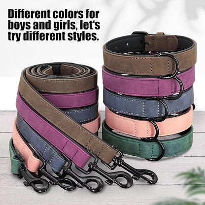 Didog Soft Padded Leather Dog Collar and Leash Set, Adjustable Dog Lead and Collar Set with Metal Buckle, Breathable Pet Collars with 4FT PU Leather Leash for Small Medium Dogs, Purple, M