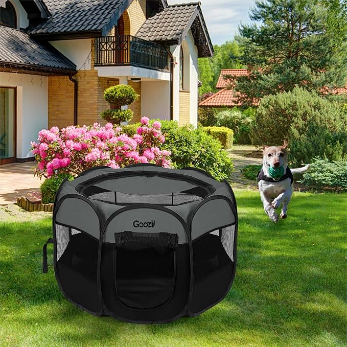 Goozii Portable Dog Playpen for Large Dogs, Collapsible Puppy Pet Cat Playpen with Zipper Top Cover (Large Size, Grey-Black)