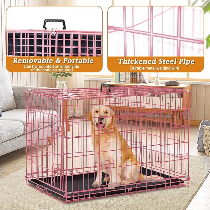 Dog Crate for Large Medium Dogs Folding Dog Kennel Cage with Plastic Tray & Divider 48" Indoor Outdoor Metal Double Door Pet Playpen Heavy Duty Dog Pen Enclosure Pink