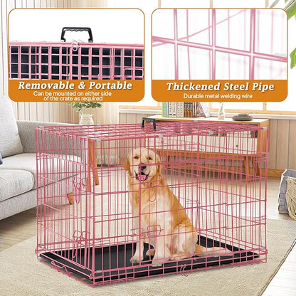 Dog Crate for Large Medium Dogs Folding Dog Kennel Cage with Plastic Tray & Divider 48" Indoor Outdoor Metal Double Door Pet Playpen Heavy Duty Dog Pen Enclosure Pink