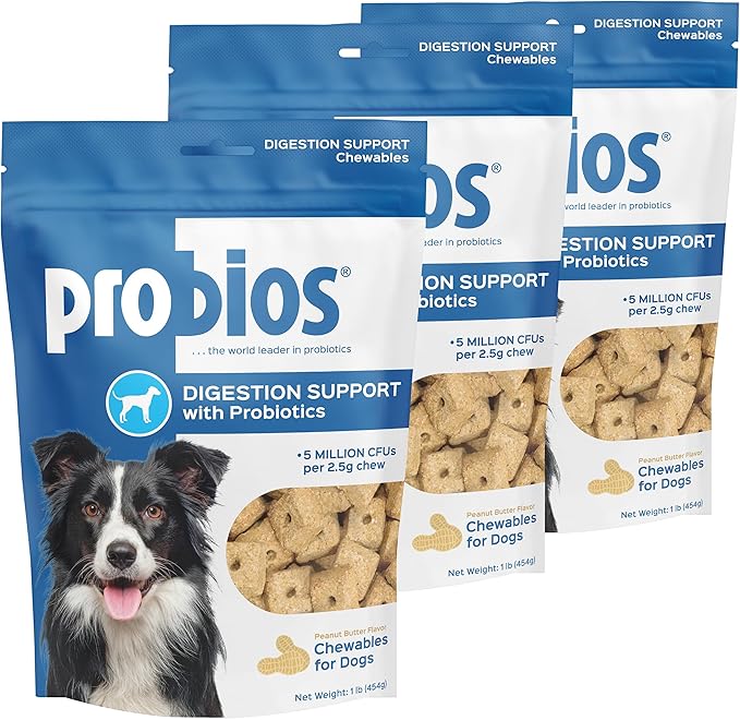 Probios Digestive Support Chewables for Dogs, Daily Probiotic Supplement for Gut Health, Digestion & Immune Support, 1 lb (Pack of 3)