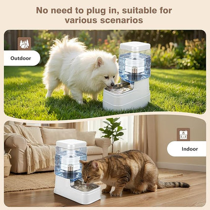 1.6 Gallon Pet Automatic Dog Water Dispenser Cat Gravity Waterer Feeder with Stainless Steel Bowl Large Capacity Puppy Feeding Raised Bowls with Filter,Ice Pack (White, 6L(1.6 Gallon))