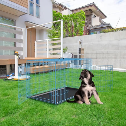 PayLessHere Small Dog Crate Kennel 24 inches Metal Dog Cage Double-Door Folding Travel Indoor Outdoor Puppy Playpen with Divider and Handle Plastic Tray,Blue