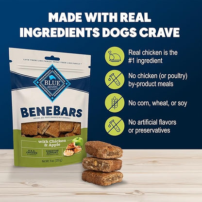 Blue Buffalo BeneBars Digestive Support Dog Treats with Prebiotic Fiber,Made with Natural Ingredients,USA Chicken & Apple,9-oz Bag,(Pack of 2)