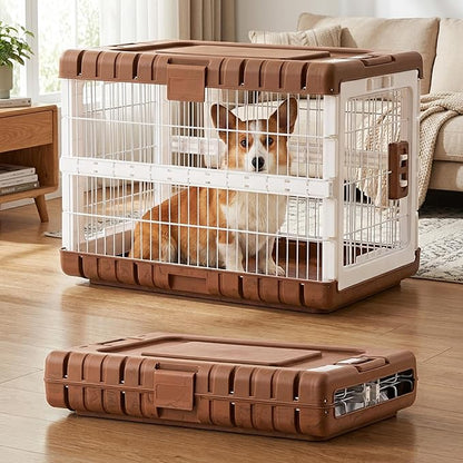 ZOMISIA Collapsible Dog Crate for Dogs - 28" L Heavy Duty Dog Kennel No Tools Required with 4 Sides Steel Foldable Cage for Dogs Indoor, Portable Carrier with 2 Smooth Wheels, Woodgrain