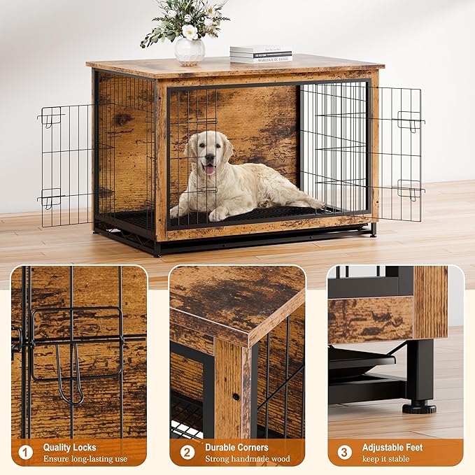 Vongrasig Dog Crate Furniture, Side End Table, Modern Wooden Kennel for Dogs Indoor, Heavy-Duty Dog Cage with Multi-Purpose Removable Tray, Double-Door Dog House, Rustic Brown