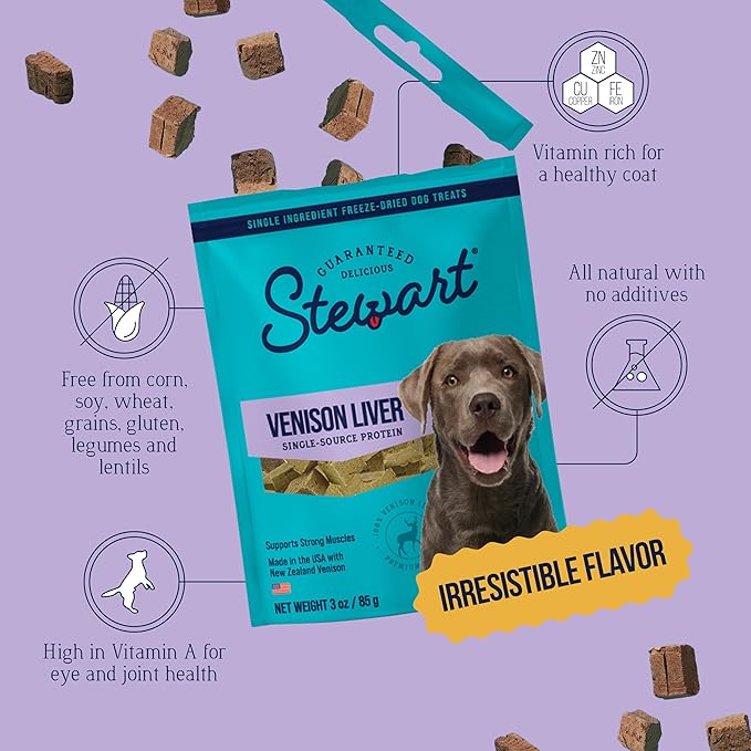 Stewart 100% Venison Liver Dog Treats, 3 oz Pouch, ~50 Pieces, Freeze Dried Raw, Single Ingredient, 60% Protein Training Treats or Meal Topper, Grain Free, Gluten Free
