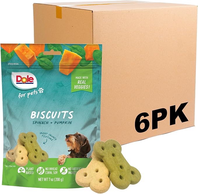 Dole for Pets Dog Biscuits Assorted Spinach + Pumpkin Mix, Real Vegetable Flavor Vegan Crunchy Treats, No Wheat Corn Soy or Artificial Additives, Bite Size Training Snacks for Dogs, 7 Oz - 6 Pack