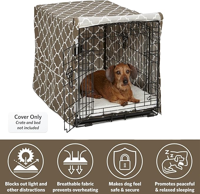 MidWest Homes for Pets Medium Dog Crate Cover with Teflon Fabric Protector, Poly-Cotton Privacy Kennel Cover Fits Most 30-inch Crates, Brown Designer Print, Washable, Reduces Barking