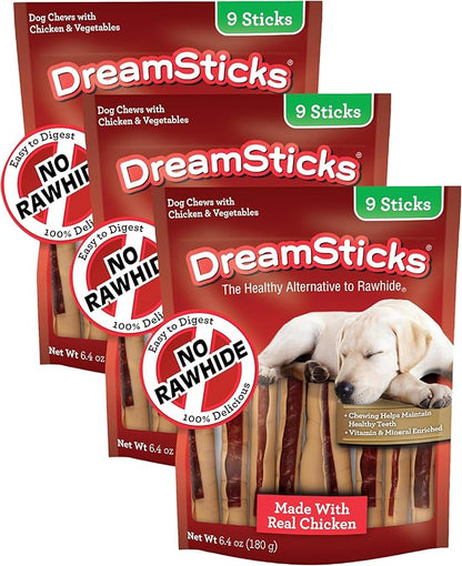 DreamBone DreamSticks, Rawhide Free Dog Chew Sticks Made with Real Chicken and Vegetables, 9 Sticks (Pack of 3)